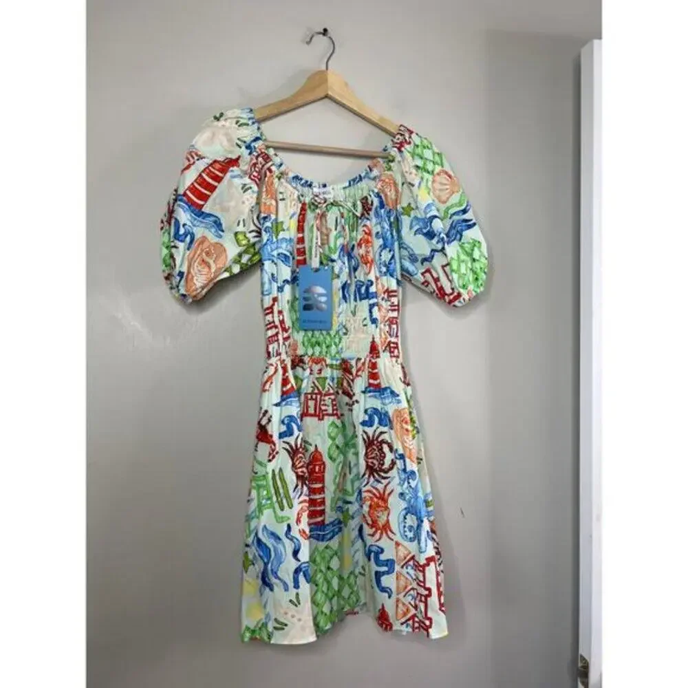 NWT Hunter Bell Scoop Neck Smocked Waist Bell Drew Mini Dress Surfside Size: 0 - Picture 2 of 8
